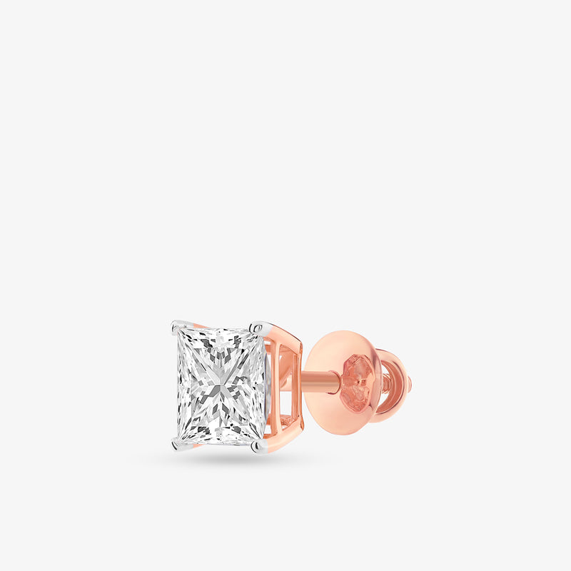 Keemti Jewels PRINCESS Solitaire Stud Earrings feature a princess-cut diamond in rose gold on a white background.