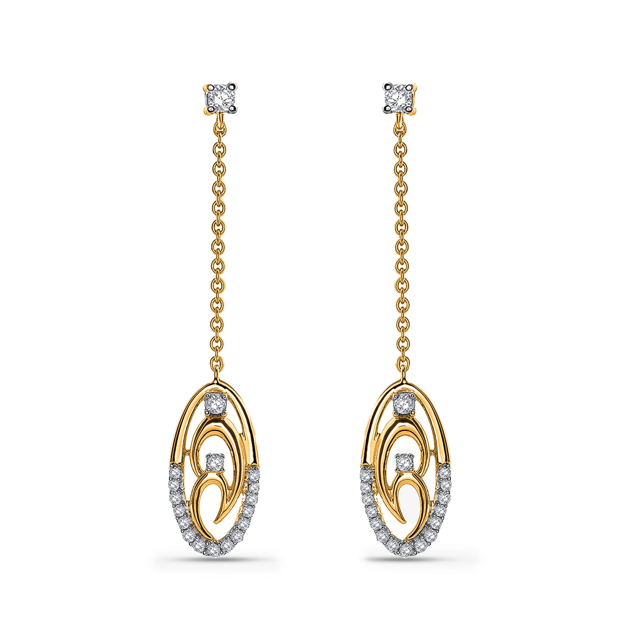 Two-tone chain drop earrings: long chain, oval pendant with gold inlay & pavé accents