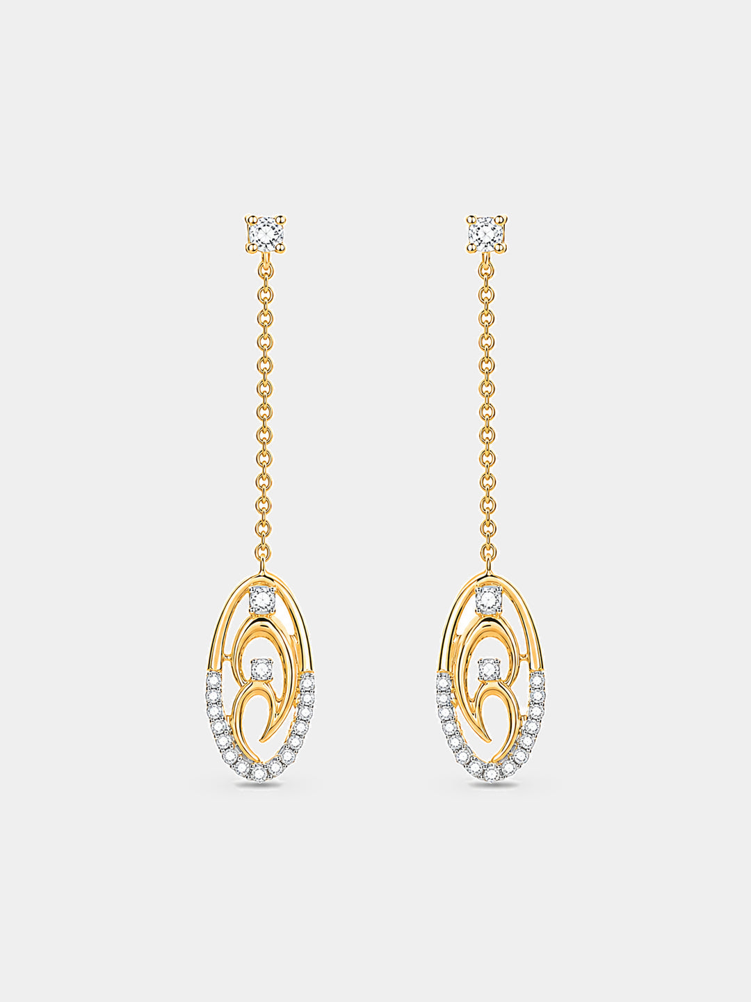 Two-tone chain drop earrings: long chain, oval pendant with gold inlay & pavé accents