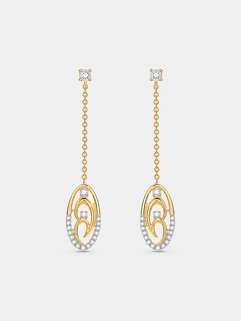 Two-tone chain drop earrings: long chain, oval pendant with gold inlay & pavé accents