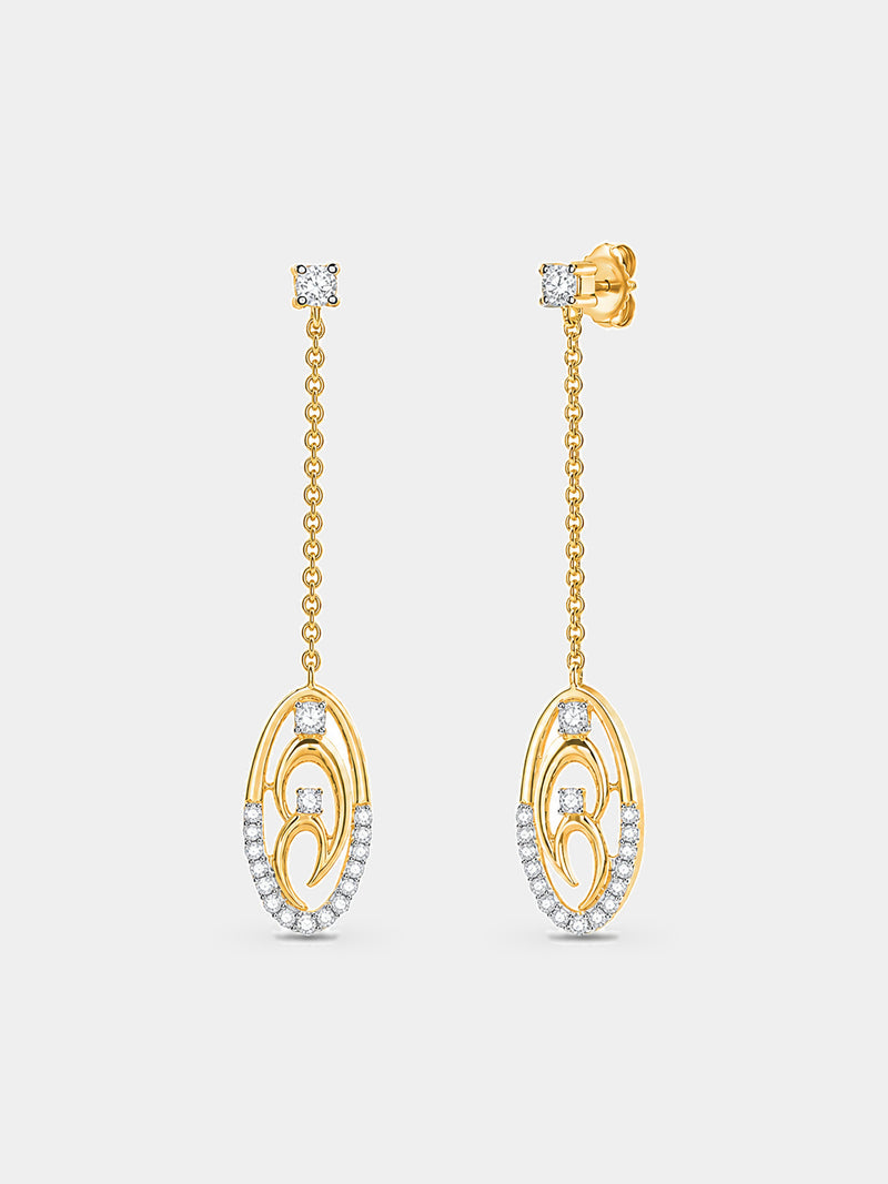 Keemti Jewels' Two-Tone Chain Drop Earrings with oval accents and white stones, shown on a white background.