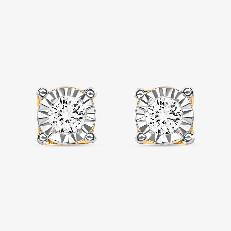 Keemti Jewels' Minimal Round Cut Solitaire Stud Earrings, shown front and side, with four-prong gold settings.