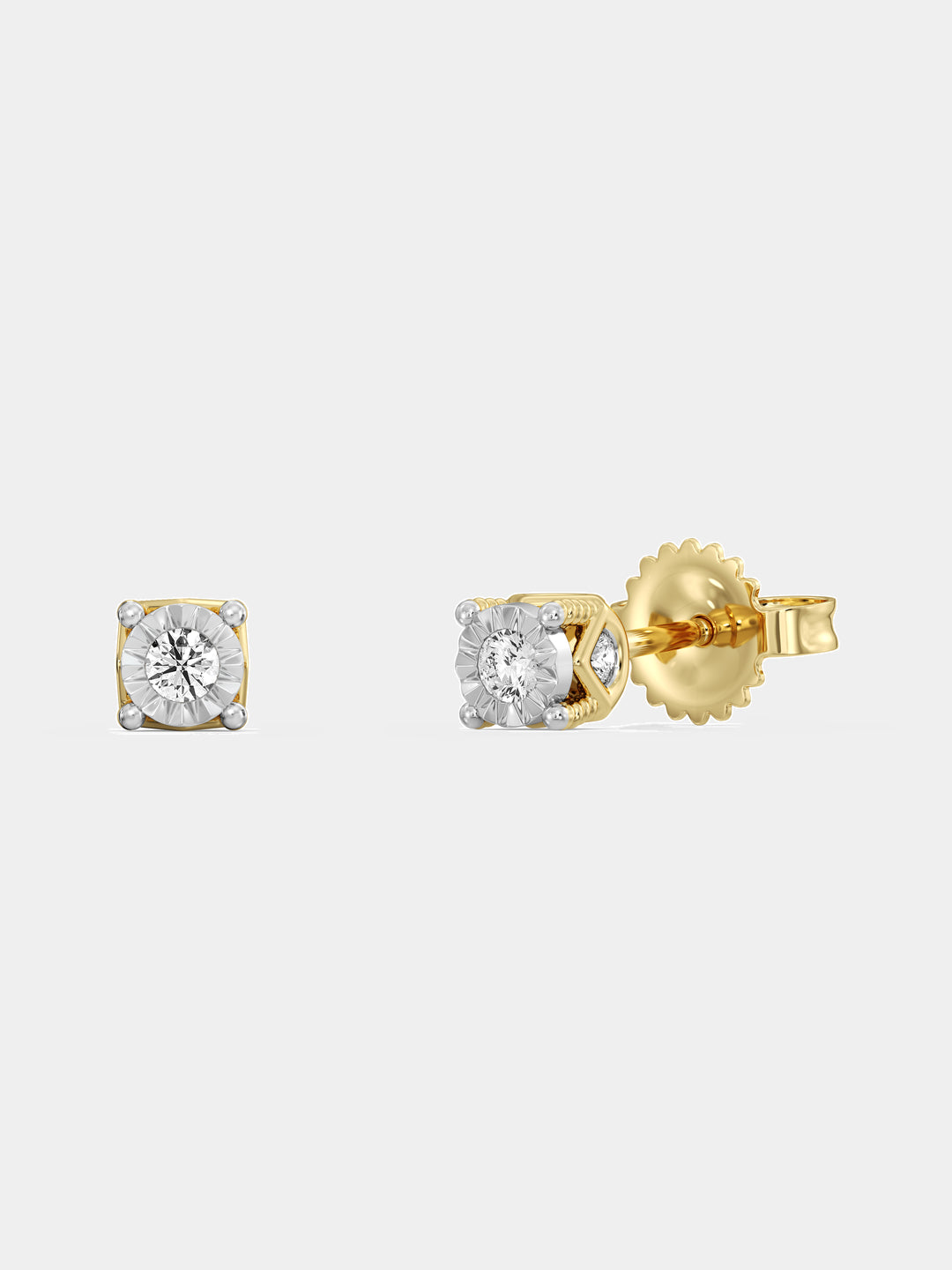 Keemti Jewels' Minimal Round Cut Solitaire Stud Earrings, shown front and side, with four-prong gold settings.