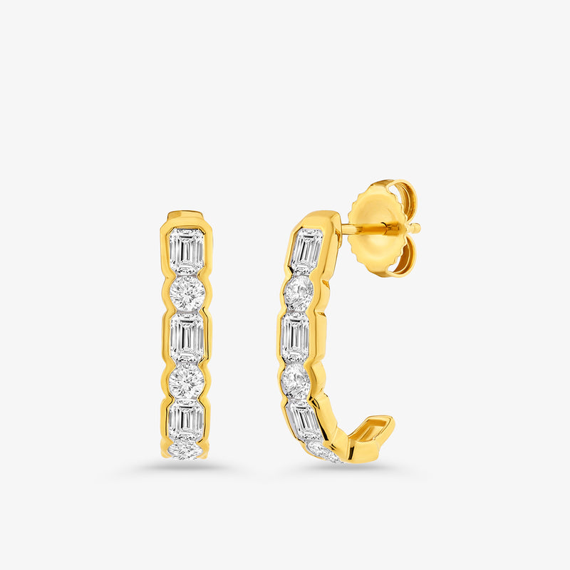 Luna Link Diamond Hoop Earrings by Keemti Jewels feature geometric gold hoops with alternating diamonds for a modern look.