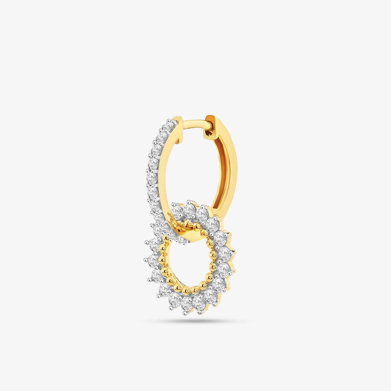 The Bloomy Double Diamond Hoop Earrings by Keemti Jewels feature gold hoops with dual diamond-studded interlocking loops.