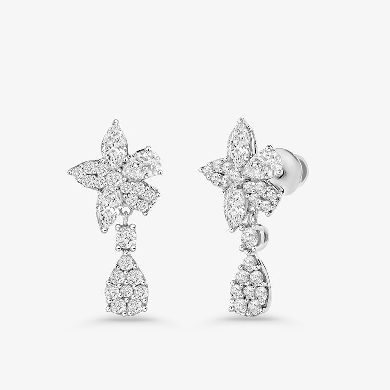 Keemti Jewels' Lustre Blossom Diamond Drop Earrings feature silver floral shapes and shimmering teardrop clusters.