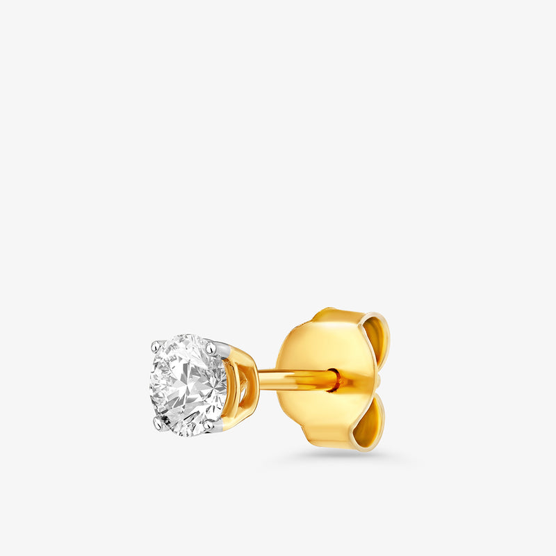 The Infinity Solitaire Stud Earring by Keemti Jewels features a round, clear diamond set in timeless gold.