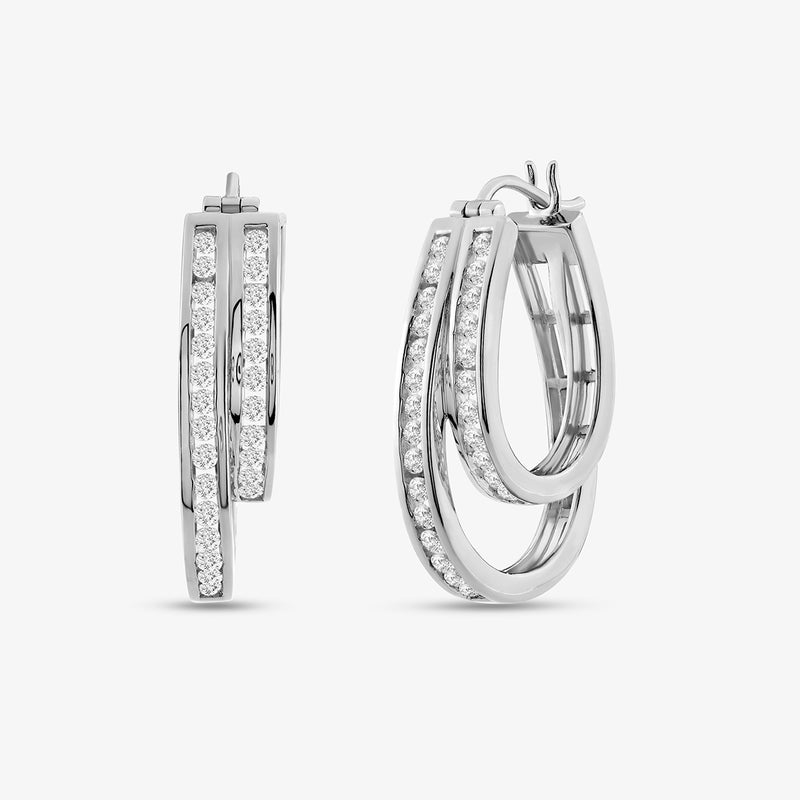Keemti Jewels' Long Bar Diamond Drop Earrings feature interlocking hoops with sparkling gemstones on a white background.