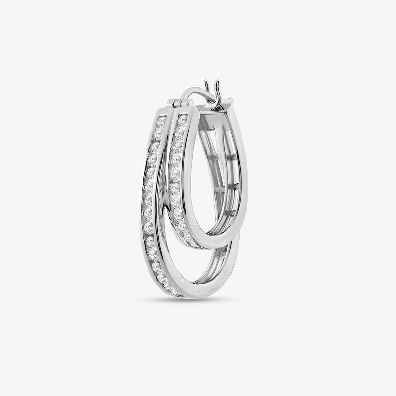 Keemti Jewels Long Bar Diamond Drop Earrings, one hoop with clear stones, shown on a white background.