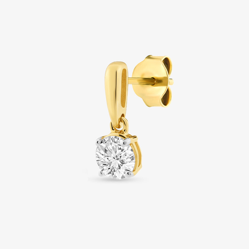 Aurora Round Diamond Drop Earrings by Keemti Jewels feature gold studs with dangling round-cut diamonds in four-prong settings.