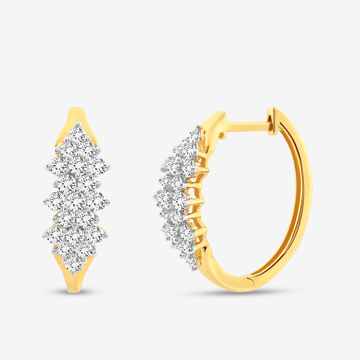 The FLORAL Bliss Hoop Earrings by Keemti Jewels feature a curved gold silhouette and diamond clusters, shown front and side.