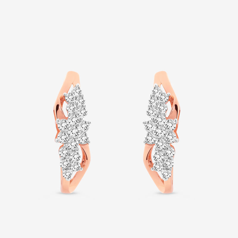 Keemti Jewels ILLUME Edge Hoop Earrings showcase a curved rose gold design with three clusters of white stones.