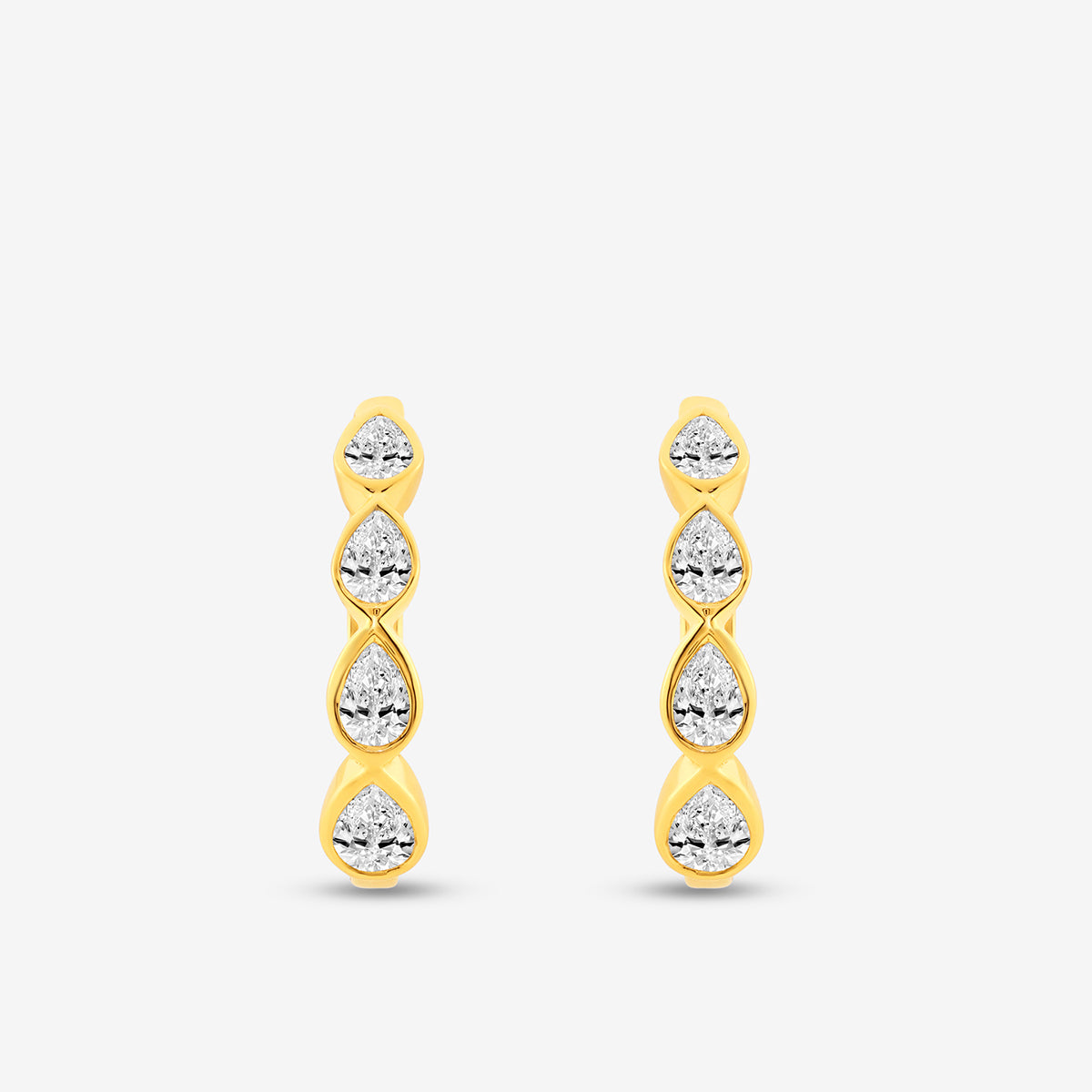 Keemti Jewels PEAR Bezel Hoop Earrings feature three vertically stacked bezel-set pear diamonds on each gold earring.