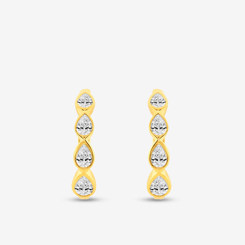 Keemti Jewels PEAR Bezel Hoop Earrings feature three vertically stacked bezel-set pear diamonds on each gold earring.