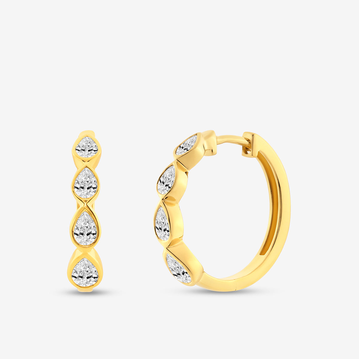 Keemti Jewels PEAR Bezel Hoop Earrings with four white stone clusters, shown on a plain white background.