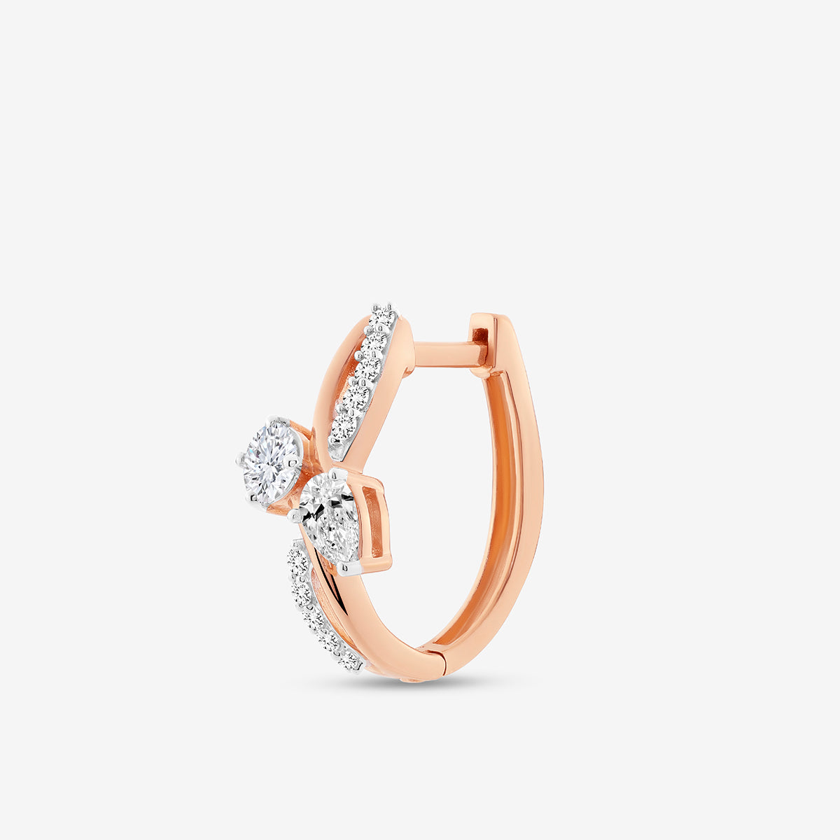 Keemti Jewels AERIS Flow Hoop Earrings: rose gold hoops with butterfly design and sparkling clear stones.