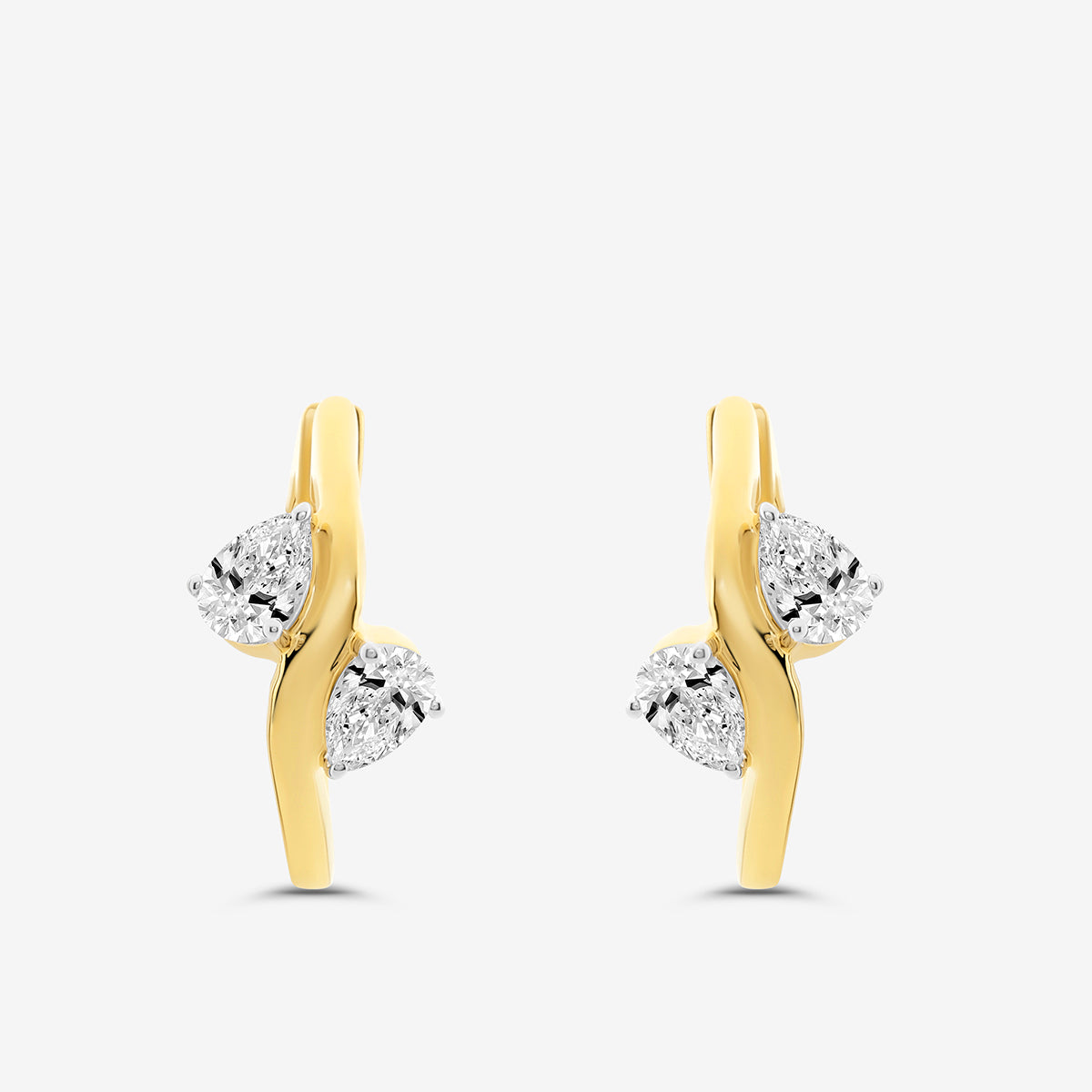 Keemti Jewels ORIA Gleam Hoop earrings, minimal gold hoops with two pear-shaped diamonds on white background.