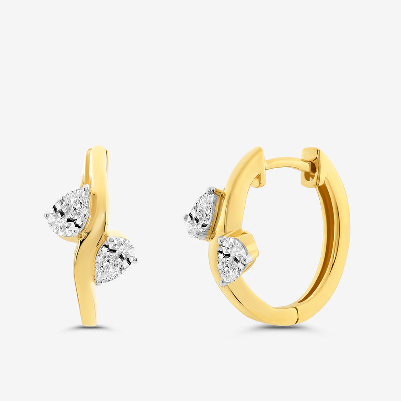 Keemti Jewels' ORIA Gleam Hoop Earrings in yellow gold feature two pear-shaped diamonds on each minimal hoop.