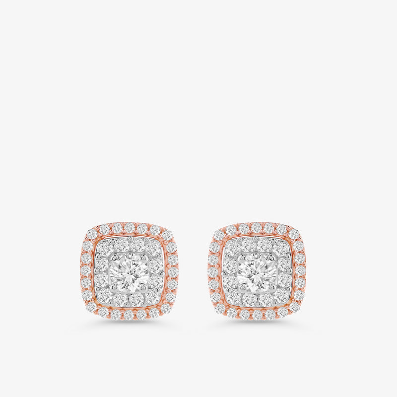Blush Halo Love Diamond Stud Earrings by Keemti Jewels in white  rose gold, cushion-cut with soft blush halo.