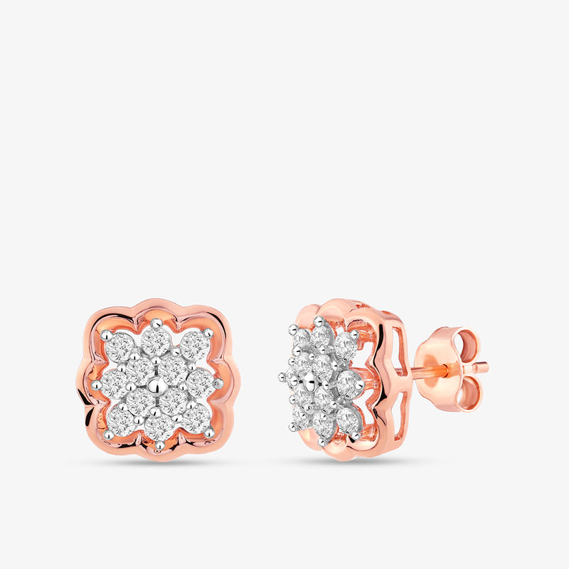 Timeless Blush Diamond Stud Earrings by Keemti Jewels in rose gold, with floral blush halo and diamond cluster, front  side views.