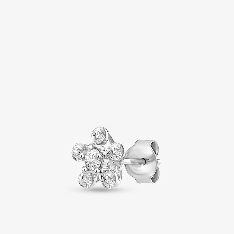 The Floret Diamond Stud Earrings by Keemti Jewels feature a silver, six-petal floral design with sparkling gemstones.
