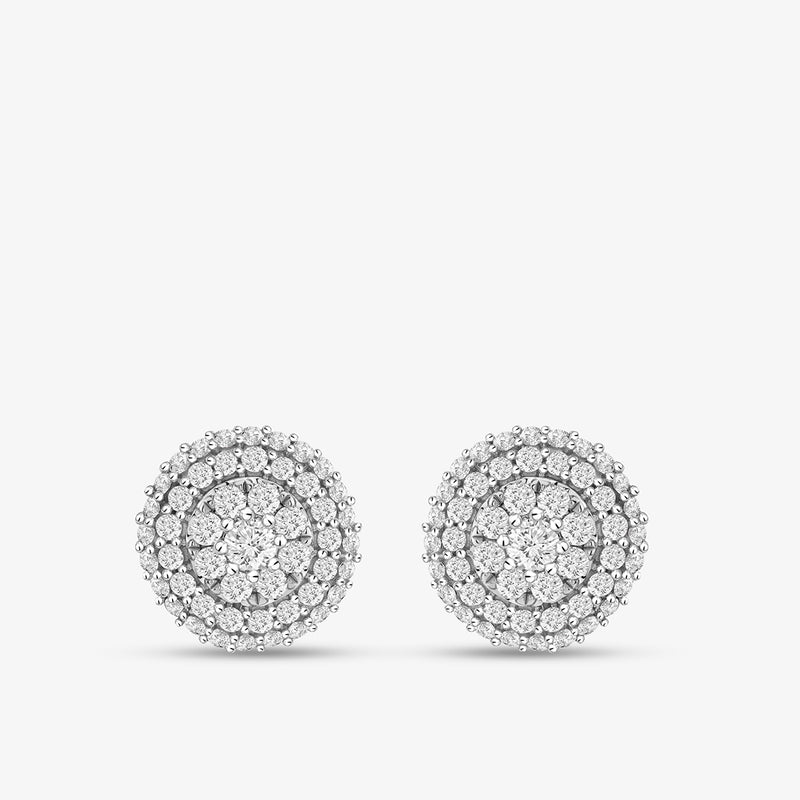Keemti Jewels' Floral Aura Diamond Stud Earrings feature a double halo circle design in white metal, on a white background.