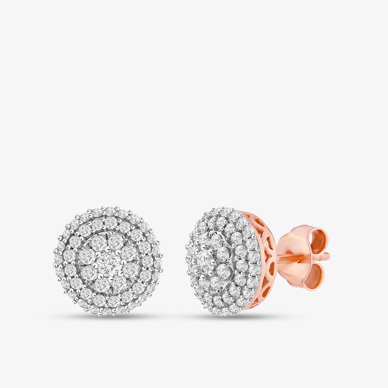 Floral Aura Diamond Stud Earrings by Keemti Jewels in rose gold with clusters and butterfly backs on a white background.