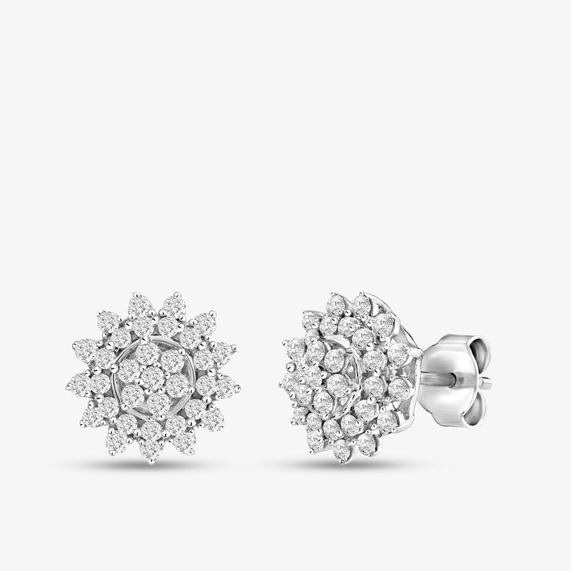 Blooming Diamond Stud Earrings by Keemti Jewels: silver floral studs with sparkling diamonds on a white background.