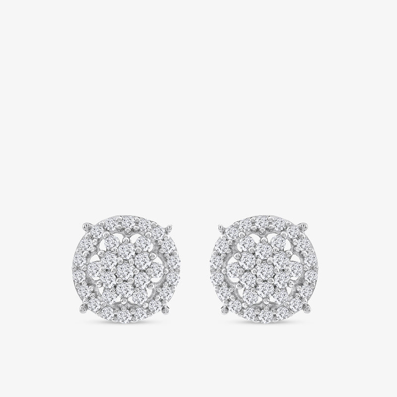 Keemti Jewels Blooming Bush Halo Diamond Stud Earrings feature a double halo design in white metal on studs.