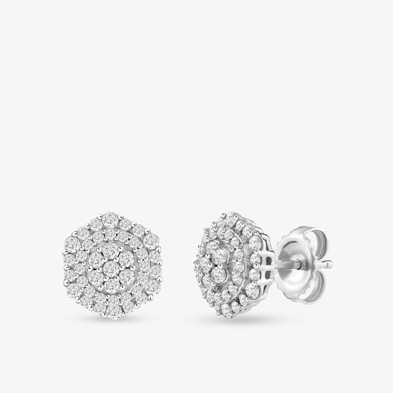 Hexa Cluster Diamond Stud Earrings by Keemti Jewels, featuring concentric diamond circles in white metal, on white background.