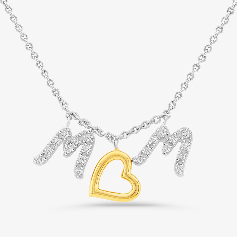 Faith  Light Charm Diamond Necklace by Keemti Jewels, silver M charms and gold heart pendant on a silver chain.