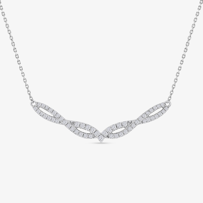 Luna Chevron Diamond Necklet by Keemti Jewels: silver, leaf-like pendant on fine chain, shown on white.