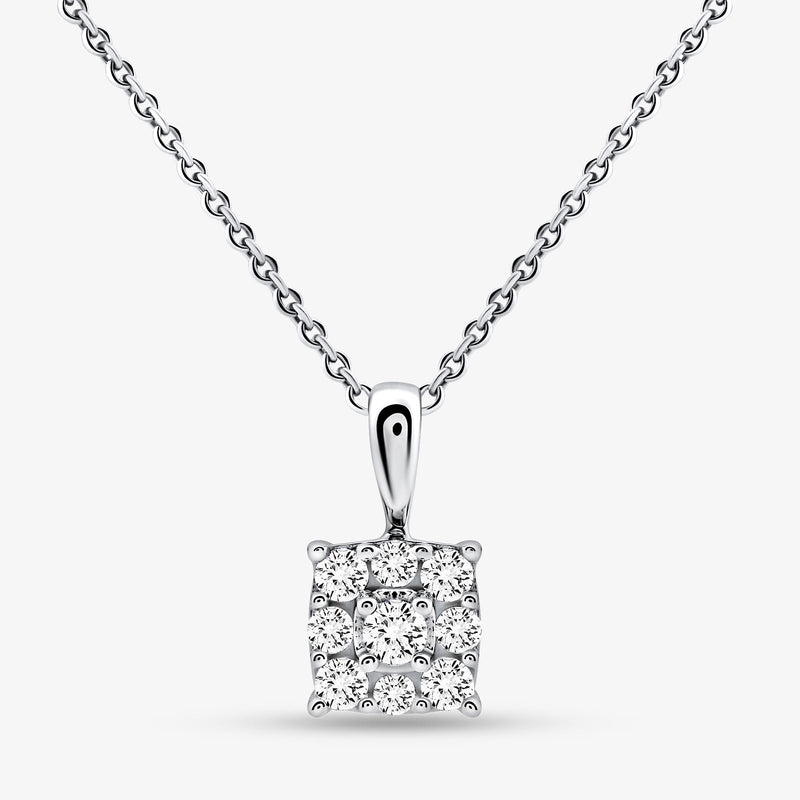 Square cushion pendant on silver-toned chain, Spark style, pavé detail, 0.75 ct