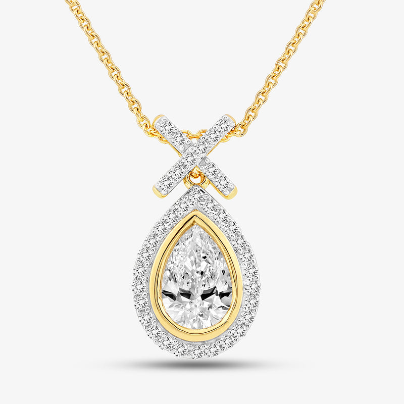 Keemti Jewels Pear Grace Diamond Pendant: gold chain, pear-drop pendant, diamond halo  crisscross accents.