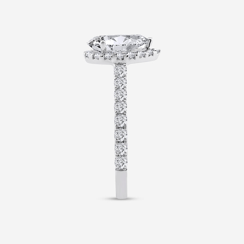 Side view of Keemti Jewels' Pear Tiered Halo Diamond Ring in white gold, featuring a pavé diamond band.