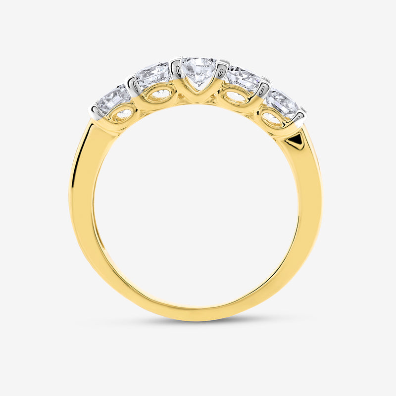 Keemti Jewels CROWN Arc Solitaire Ring with five clear stones, gold arched design, shown side-on on white background.