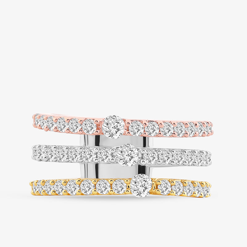 The Eternity Multi-Row Diamond Ring by Keemti Jewels features stacked gold bands with round and baguette diamonds.