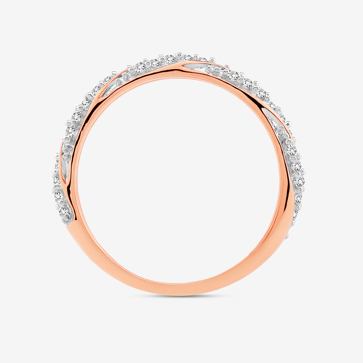 Crossover Shine Band Ringansicht: roséfarbener Rahmen mit Zirkonia am Rand, 925-Silber