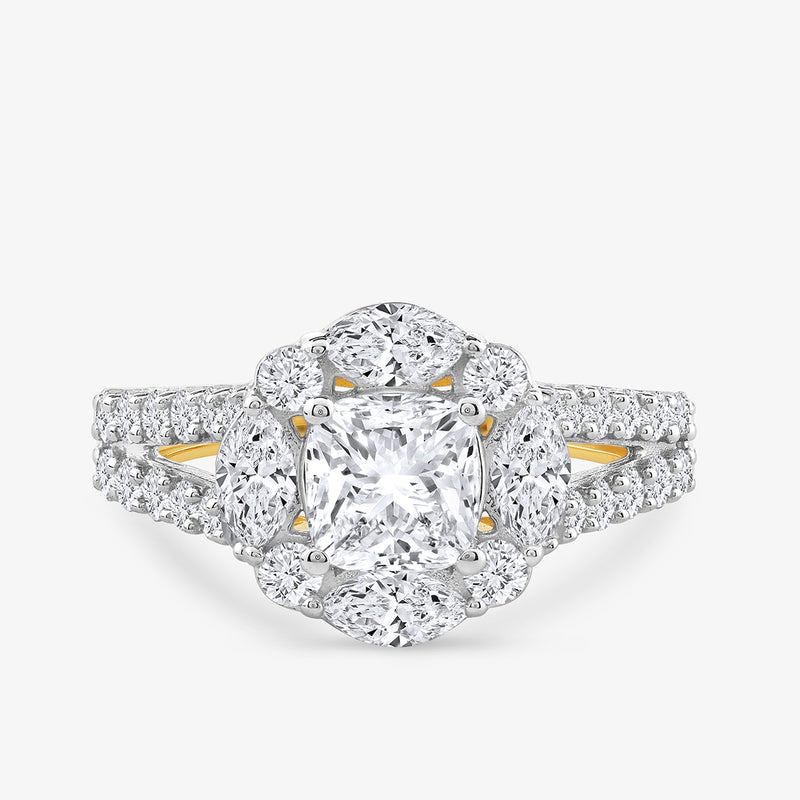 The Blossom Royale Diamond Bridal Ring by Keemti Jewels features a cushion-cut diamond and split shank studded band.
