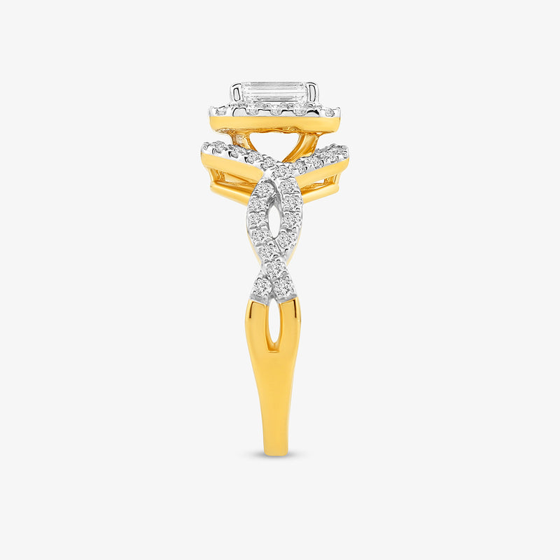 Halo Of Roselight Diamond Bridal Ring by Keemti Jewels features a twisted, diamond-studded band and emerald-cut center.