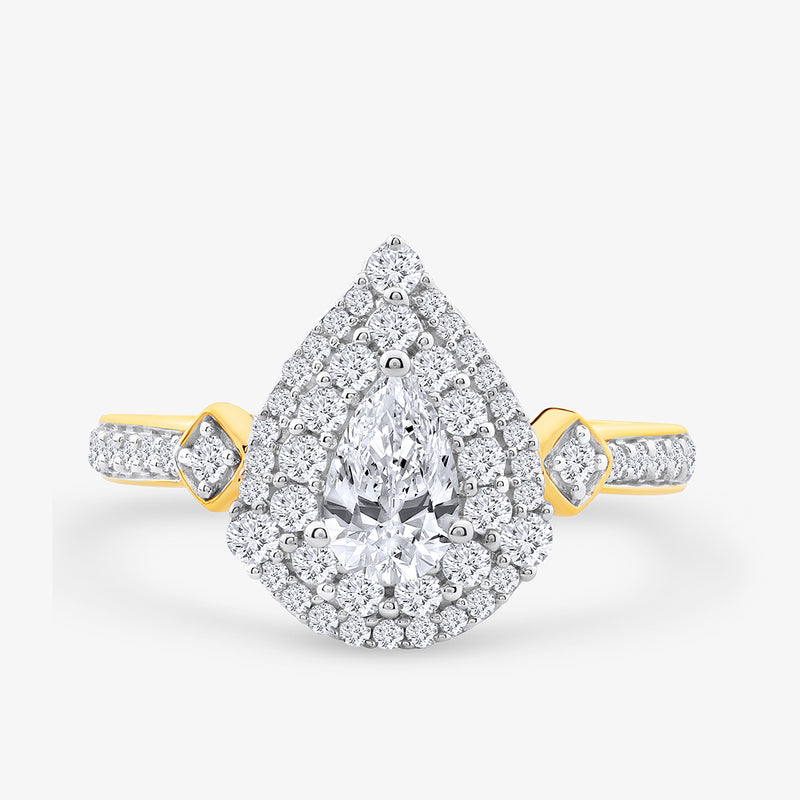 The Keemti Jewels Crowned Pear Radiance ring features double halos and pavé diamonds on a yellow gold band.