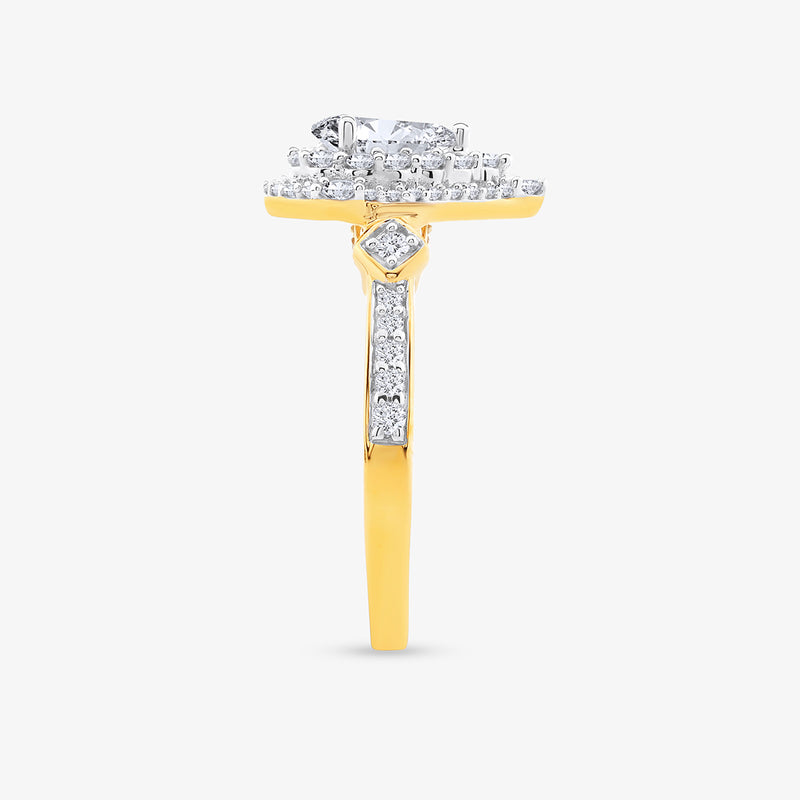 Side view of Keemti Jewels' Crowned Pear Radiance Diamond Bridal Ring with a rectangular diamond and sparkling band.