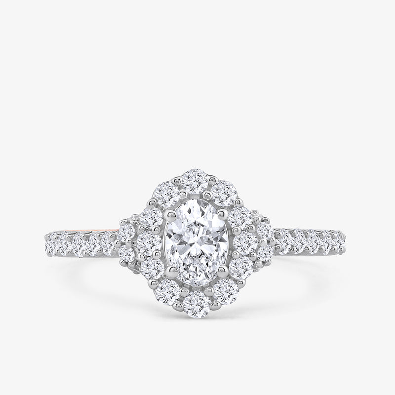 The Petal Glow Diamond Promise Ring by Keemti Jewels features a halo and diamond-encrusted band.