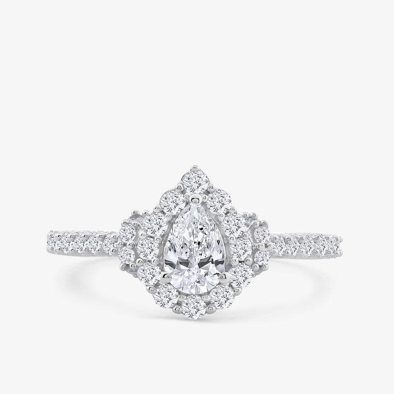 The Dewdrop Bloom Diamond Promise Ring by Keemti Jewels features a pear diamond center with a double halo on a diamond band.