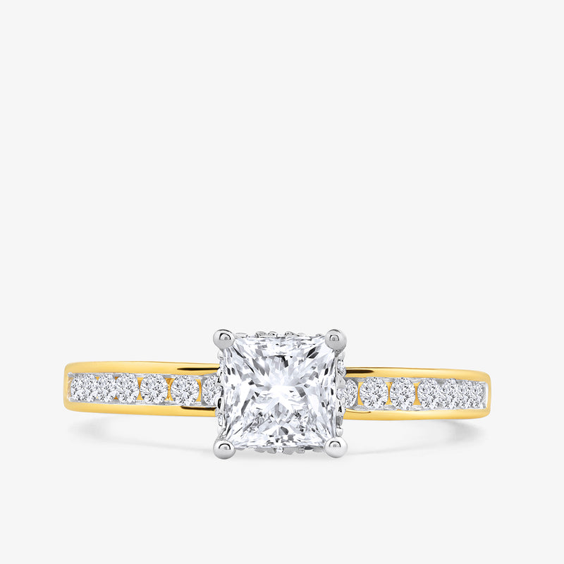 The Golden Halo Solitaire Ring by Keemti Jewels features a square-cut diamond with side stones for the modern bride.