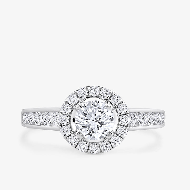 Keemti Jewels Eternal Circle Of Love Diamond Ring with halo setting and accents, shown on a white background.