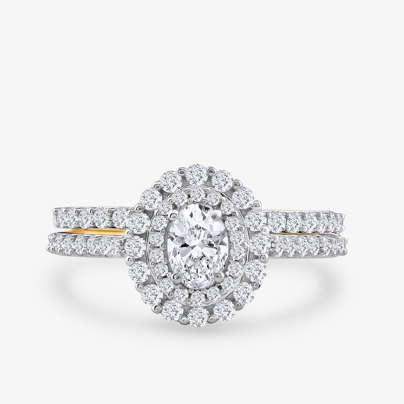 Keemti Jewels' Petals Of Eternity Ring: oval diamond, double halo, white  yellow gold accents, diamond band.