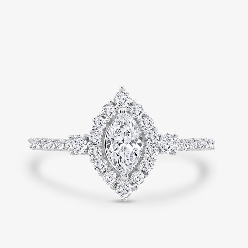 Eternal Halo Marquise Solitaire Ring by Keemti Jewels: diamond halo, studded band, set in white metal.
