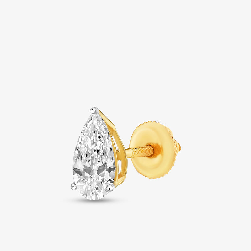 Keemti Jewels PEARLUXE Solitaire Stud Earring: pear-shaped stone in gold prong setting, screw-back, on white background.