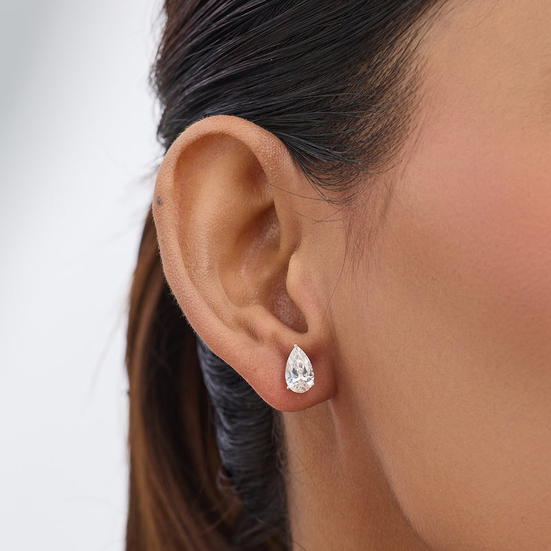 Close-up of a woman’s ear wearing Keemti Jewels PEARLUXE Solitaire Stud Earrings in a teardrop prong setting.